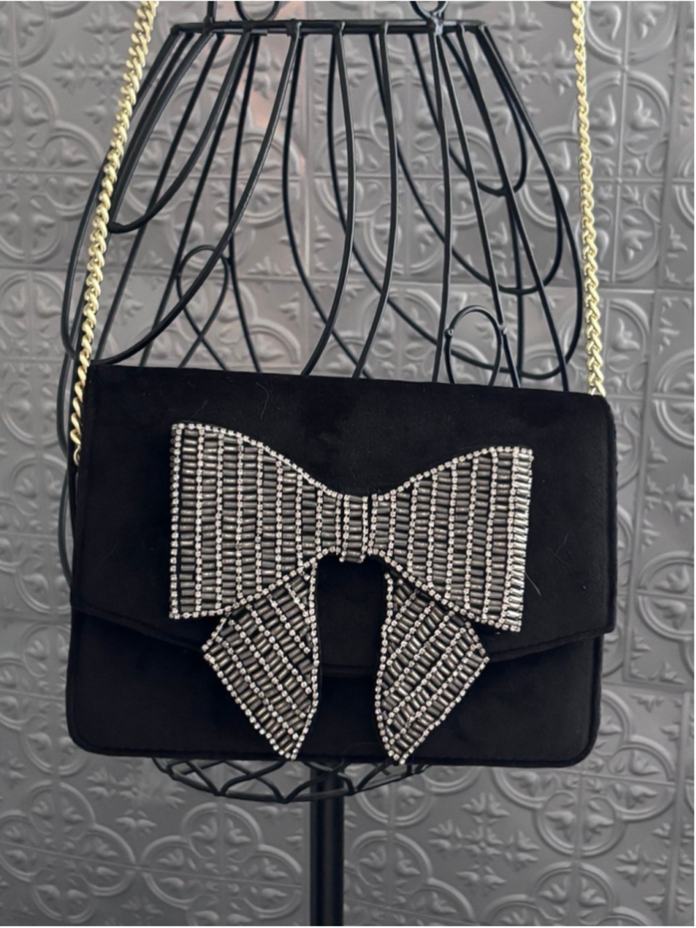 Boden vintage 90s beaded silver Velvet Evening Bag long Gold Chain Detailed Bow